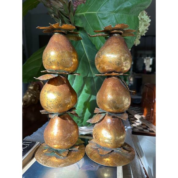 Vintage Gold Leaf Gilded Pear Candle Holders centerpiece set 2 fall decor 11x4” - Picture 5 of 11